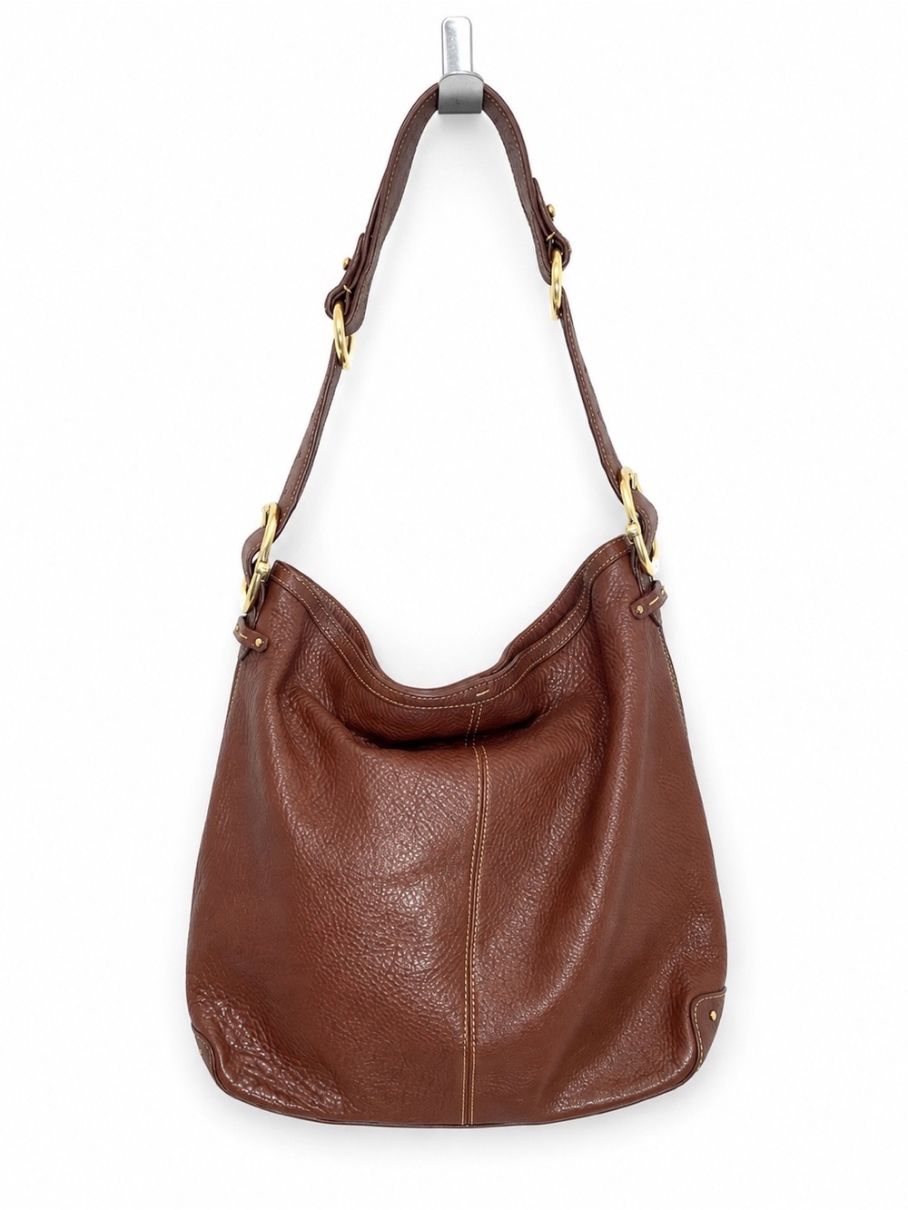 Liz Claiborne Brown Pebbled 100% Genuine Leather Hobo Shoulder Bag Gold HW